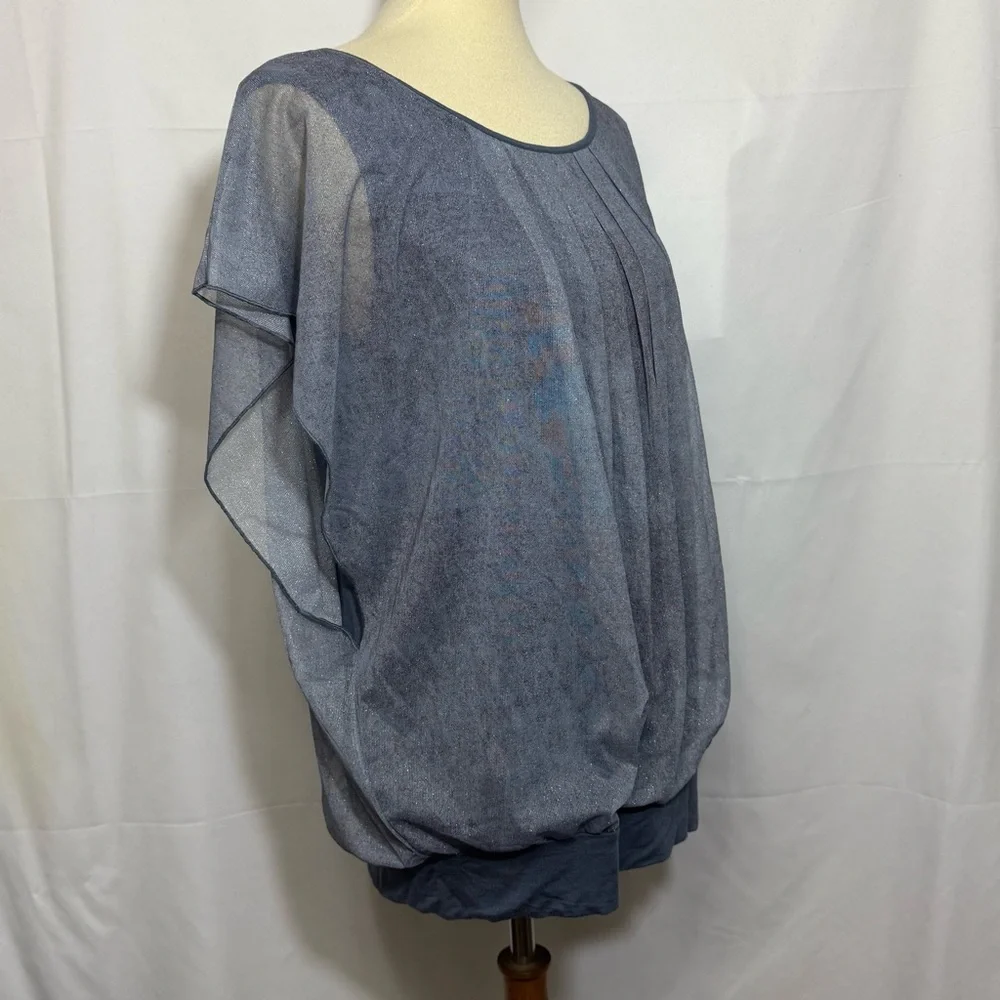 Women’s Size 2XL Chic Sheer Overlay Blue Blouse - Picture 4 of 15